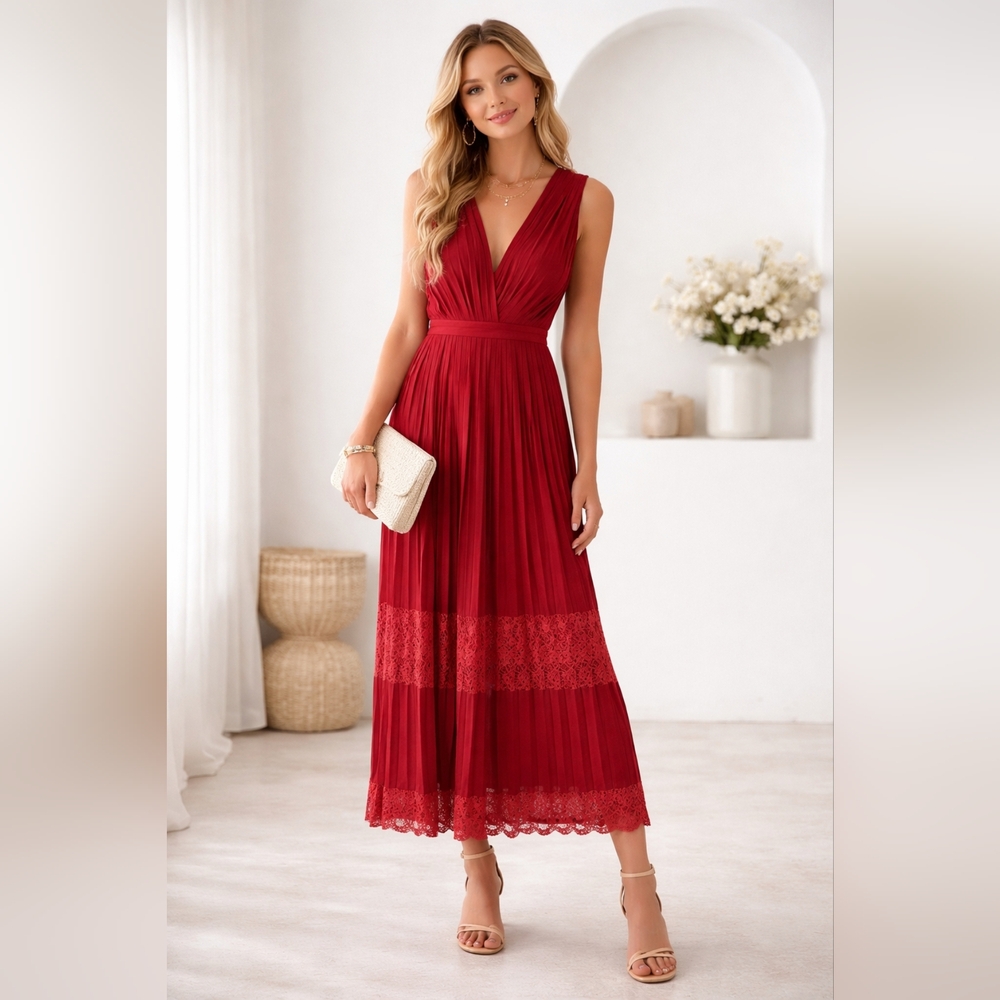 Sugar + Lips Red Sleeveless Pleated Cocktail Midi Dress Size Large NWT Wedding
